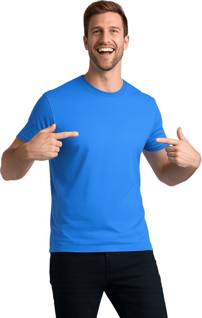 Model pointing at a Test of Time tee